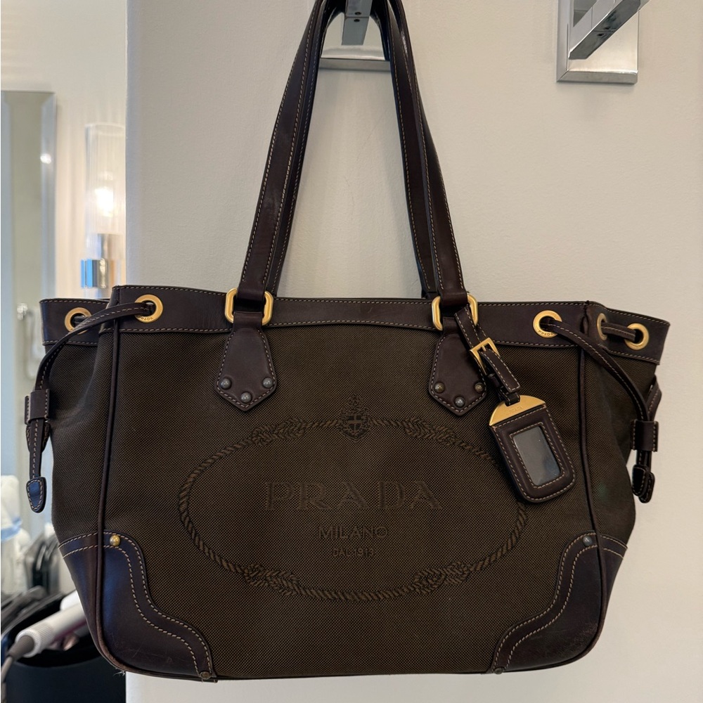 Prada Dark Brown Canvas and Leather Tote